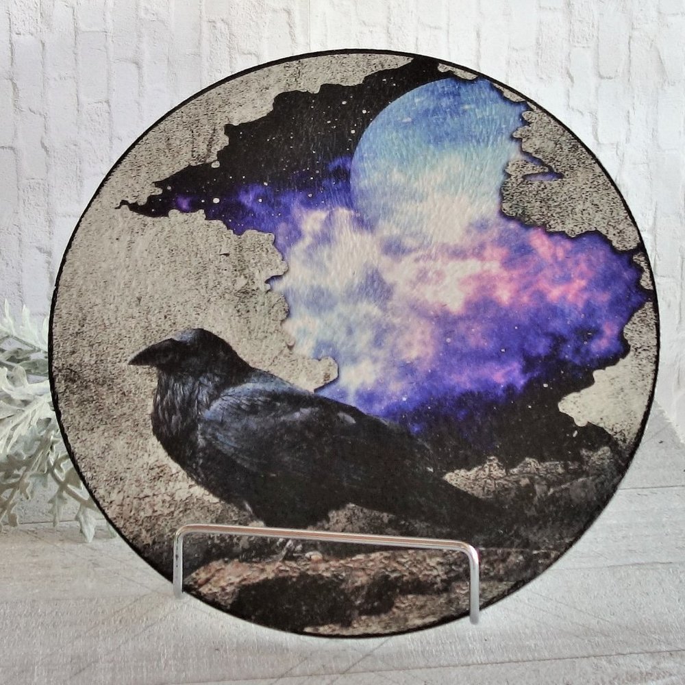 The Raven Art Glass Mural Full Moon Art Gothic Decor Edgar Allan Poe Collectible
